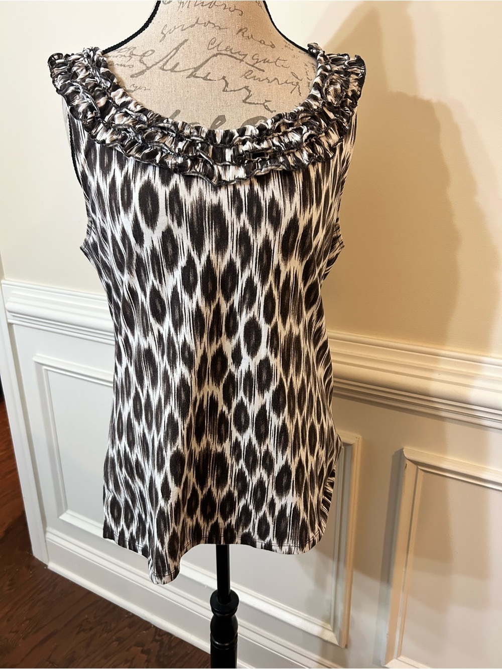 Ann Taylor Black and White Ikat Ruffle-Neck Tank